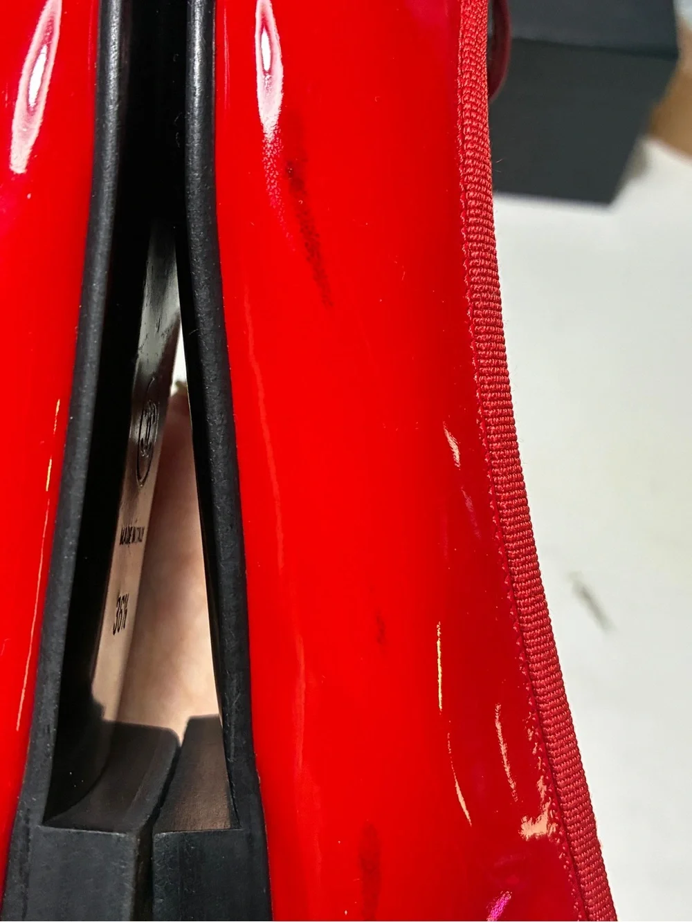 CHANEL Red and Black Patent Cap-Toe Ballet Flats